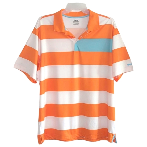 Slazenger Striped Performance Polo Shirt Orange White Blue Golf Activewear XXL - Picture 1 of 12